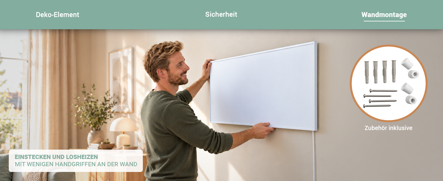 Mann montiert eine wei&szlig;e Heidenfeld Infrarotheizung an der Wand. Inklusive Montagezubeh&ouml;r f&uuml;r eine schnelle und einfache Befestigung.